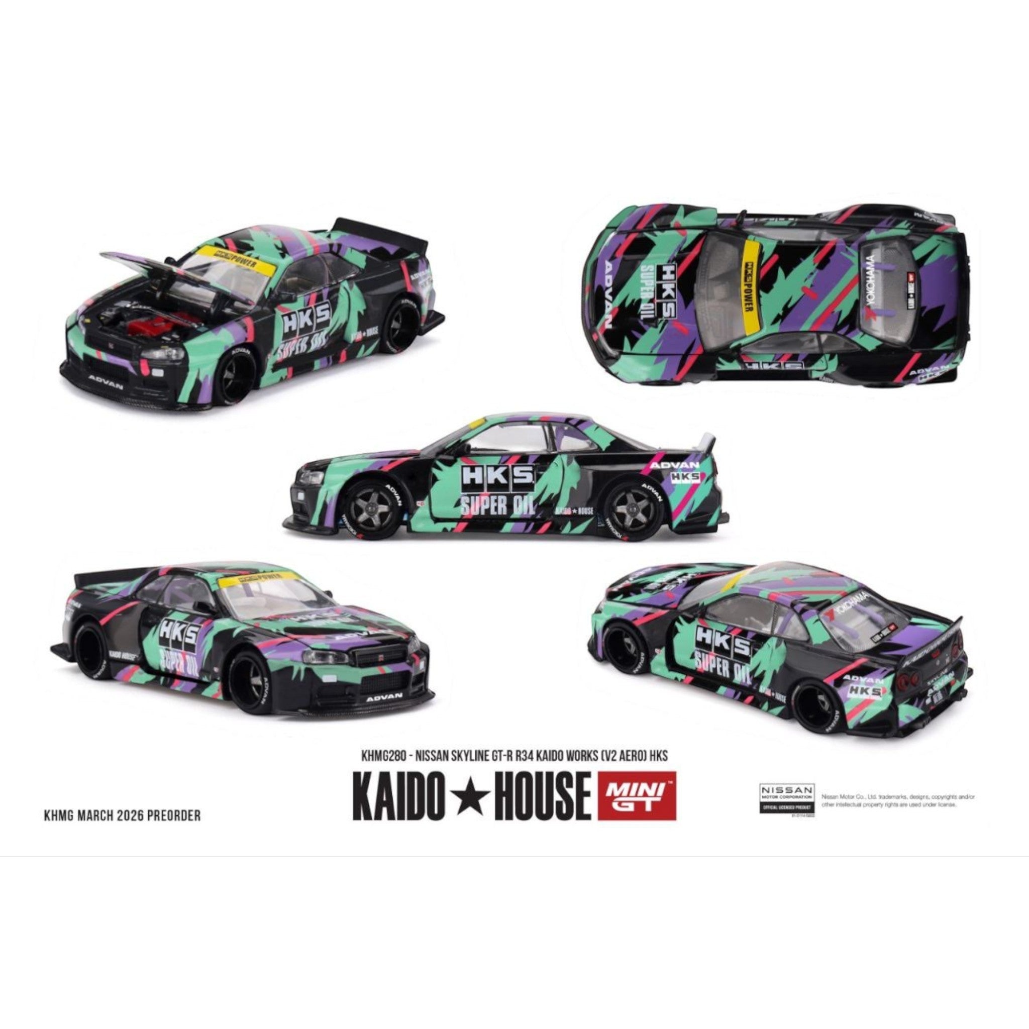 Mini GT Kaido House - Pre-Order - Nissan Skyline GT-R R34 Kaido Works (V2 Aero) HKS - KHMG280