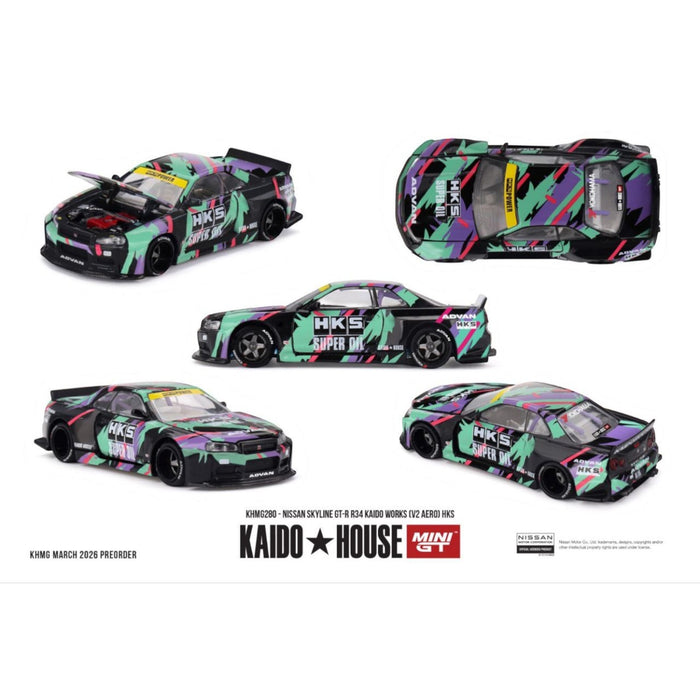 Mini GT Kaido House - Pre-Order - Nissan Skyline GT-R R34 Kaido Works (V2 Aero) HKS - KHMG280
