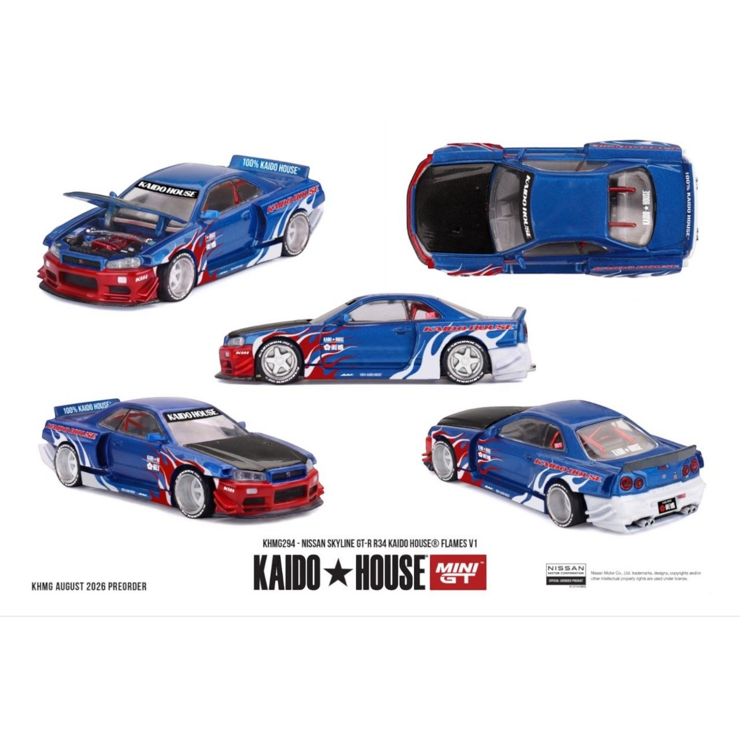 Mini GT Kaido House - Pre-Order - Nissan Skyline GT-R R34 Kaido House Flames V1 - KHMG294