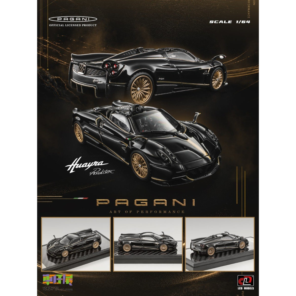 LCD Model - Pre-Order - Pagani Huayra Roadster BC, Black/Gold - Hong Kong ToyCar Salon 2026 - LCD64011-BG