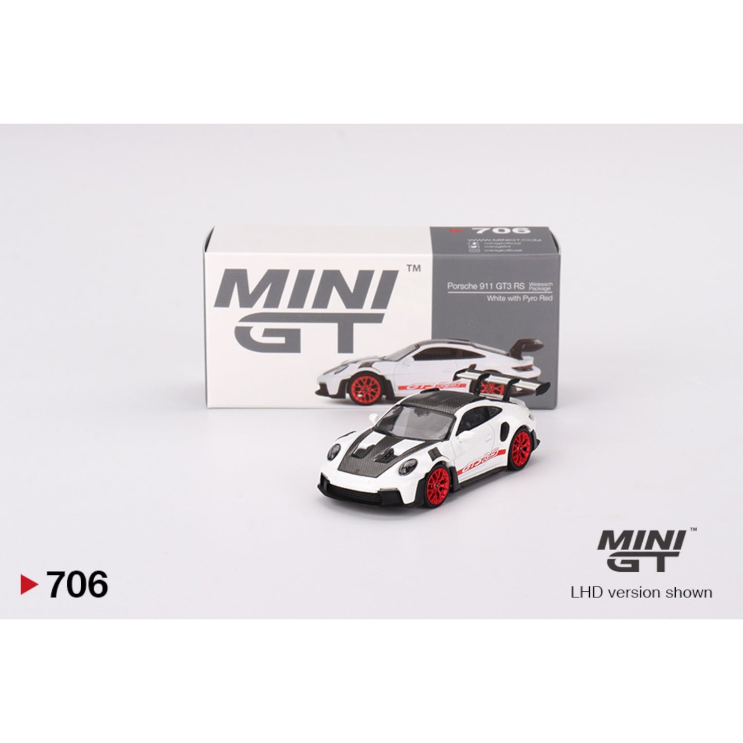 Mini GT - Porsche 911 (992) GT3 RS Weissach Package White with Pyro Red - MGT00706 (LHD) - 1:64