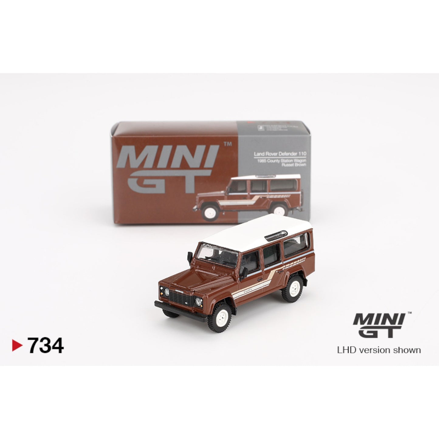 Mini GT - Land Rover Defender 110 1985 County Station Wagon Russet Brown - MGT00734 (LHD) - 1:64