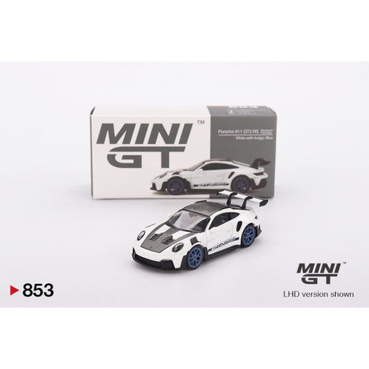 Mini GT - Pre-Order - Porsche 911 (992) GT3 RS Weissach Package White / Indigo Blue - MGT00853 (LHD)