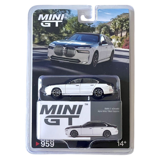 Mini GT - BMW i7 xDrive60 Alpine White / Black Sapphire - MGT00959-BL (LHD)