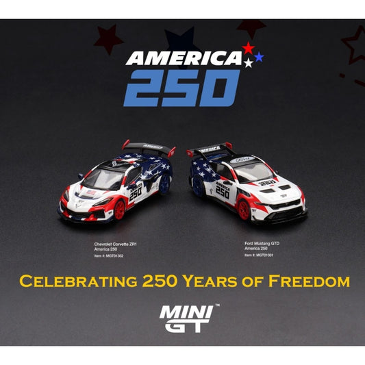 Mini GT - Pre-Order - Ford Mustang GTD  & Chevrolet Corvette ZR1 Bundle America 250  USA Exclusive - MGT01301+1302-BL Blister