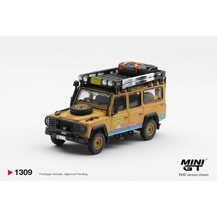 Mini GT - Pre-Order - Land Rover Defender 110 1998 Camel Trophy Tierra del Fuego CT.10 USA - MGT01309 (RHD)