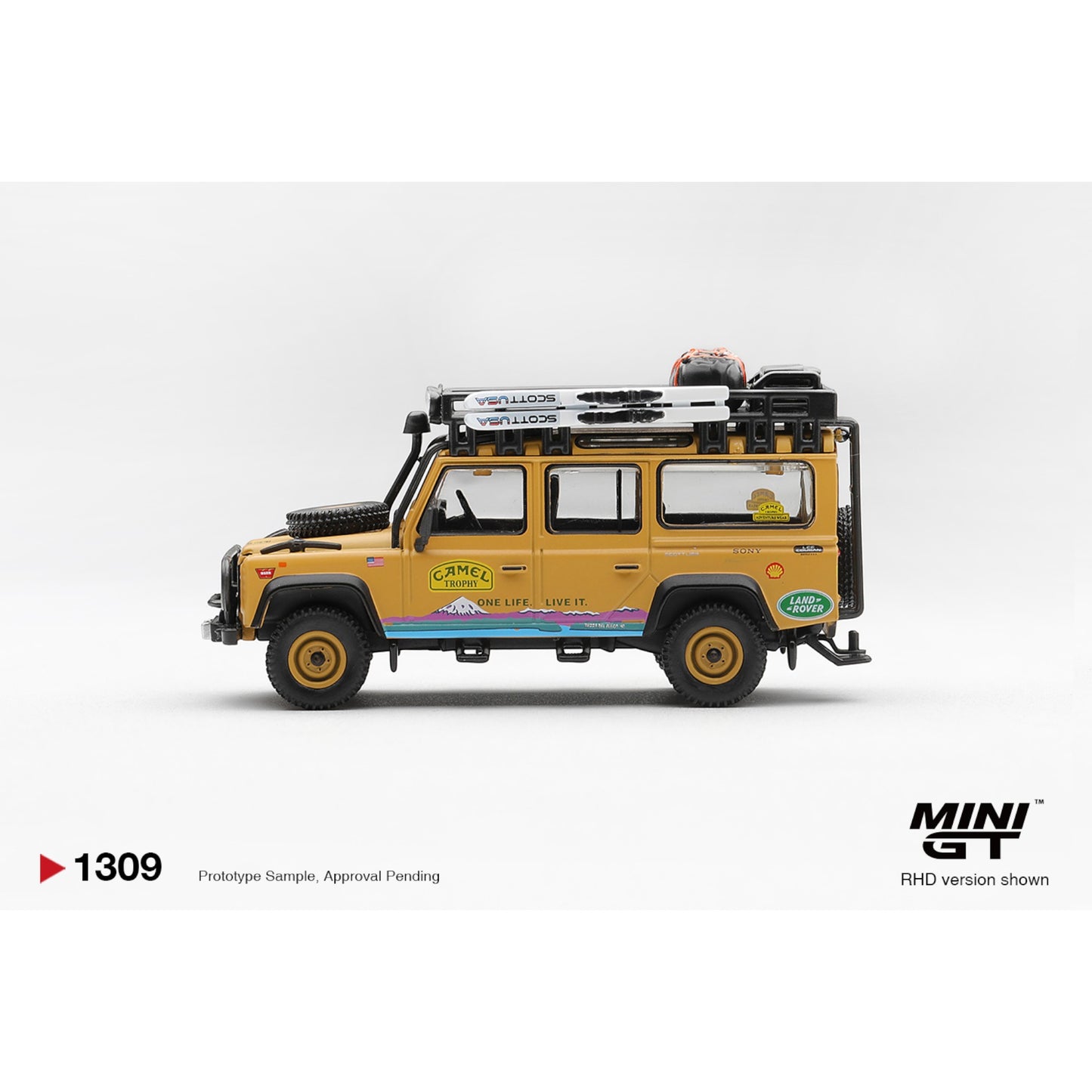 Mini GT - Pre-Order - Land Rover Defender 110 1998 Camel Trophy Tierra del Fuego CT.10 USA - MGT01309 (RHD)