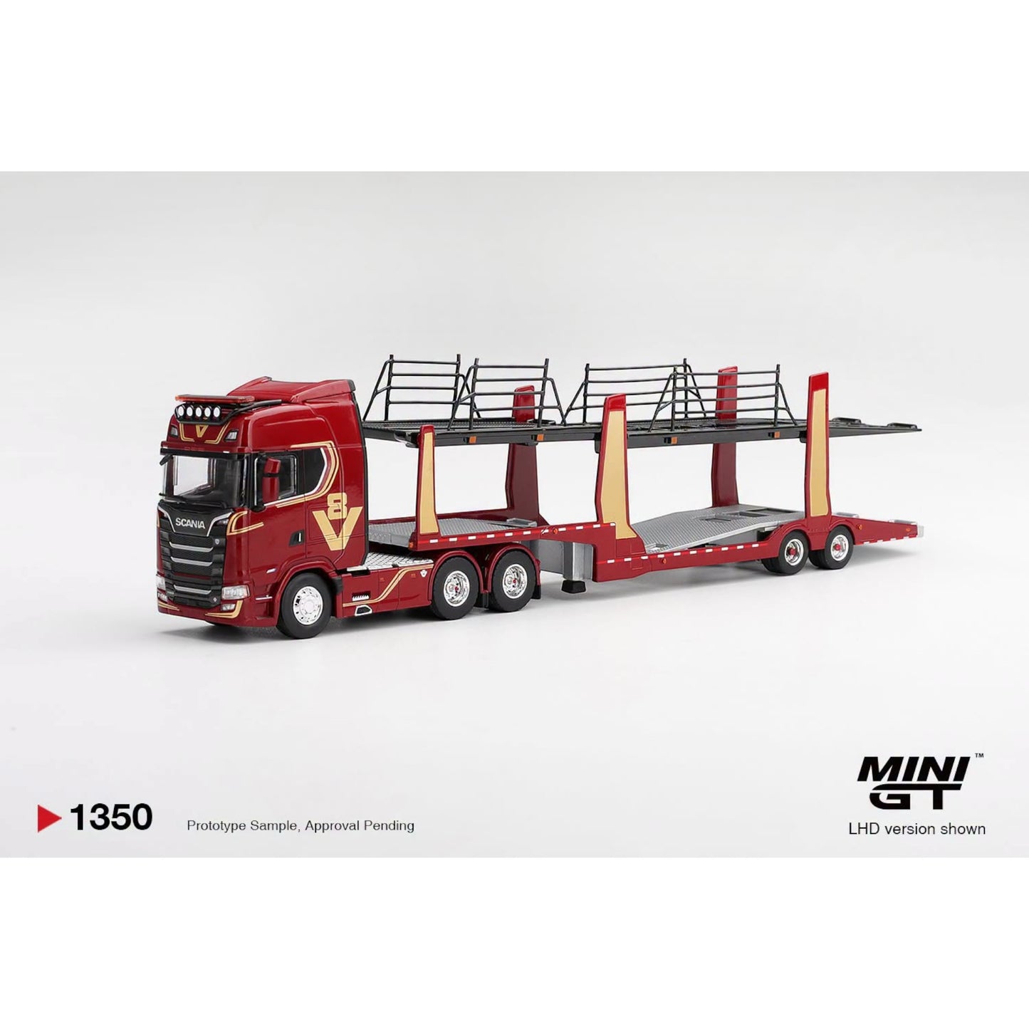 Mini GT - Pre-Order - Scania 770S A6x4NA Car Transporter V8 50th anniversary + Car transporter Red - MGT01350 (LHD)