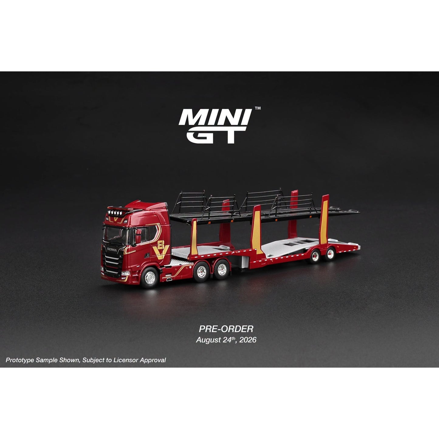 Mini GT - Pre-Order - Scania 770S A6x4NA Car Transporter V8 50th anniversary + Car transporter Red - MGT01350 (LHD)