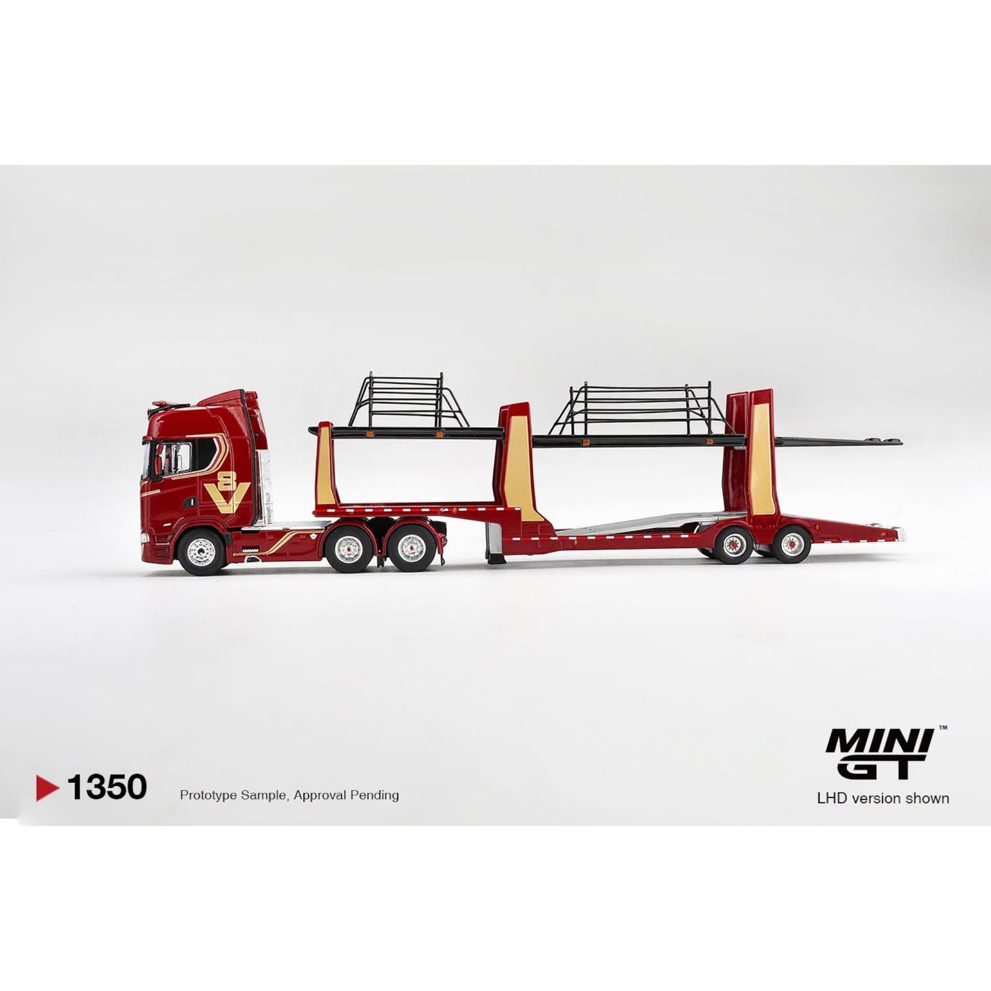 Mini GT - Pre-Order - Scania 770S A6x4NA Car Transporter V8 50th anniversary + Car transporter Red - MGT01350 (LHD)