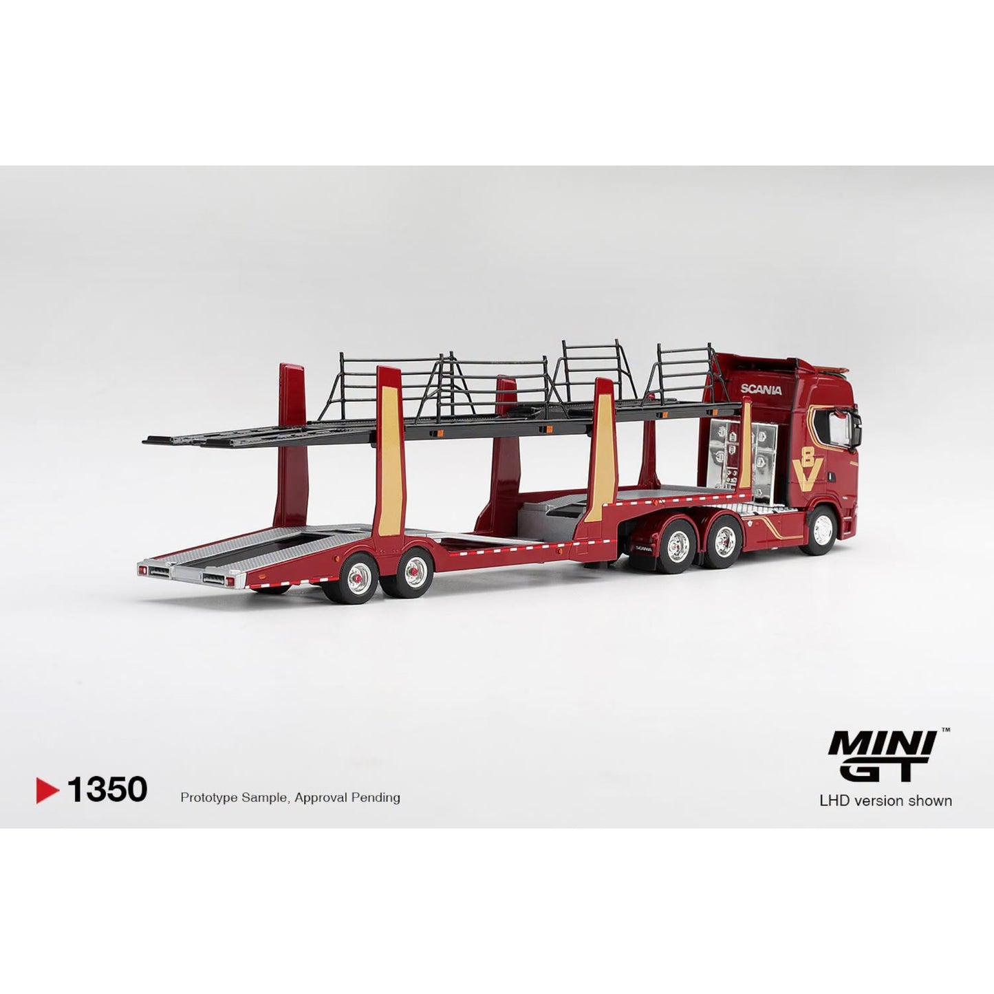 Mini GT - Pre-Order - Scania 770S A6x4NA Car Transporter V8 50th anniversary + Car transporter Red - MGT01350 (LHD)