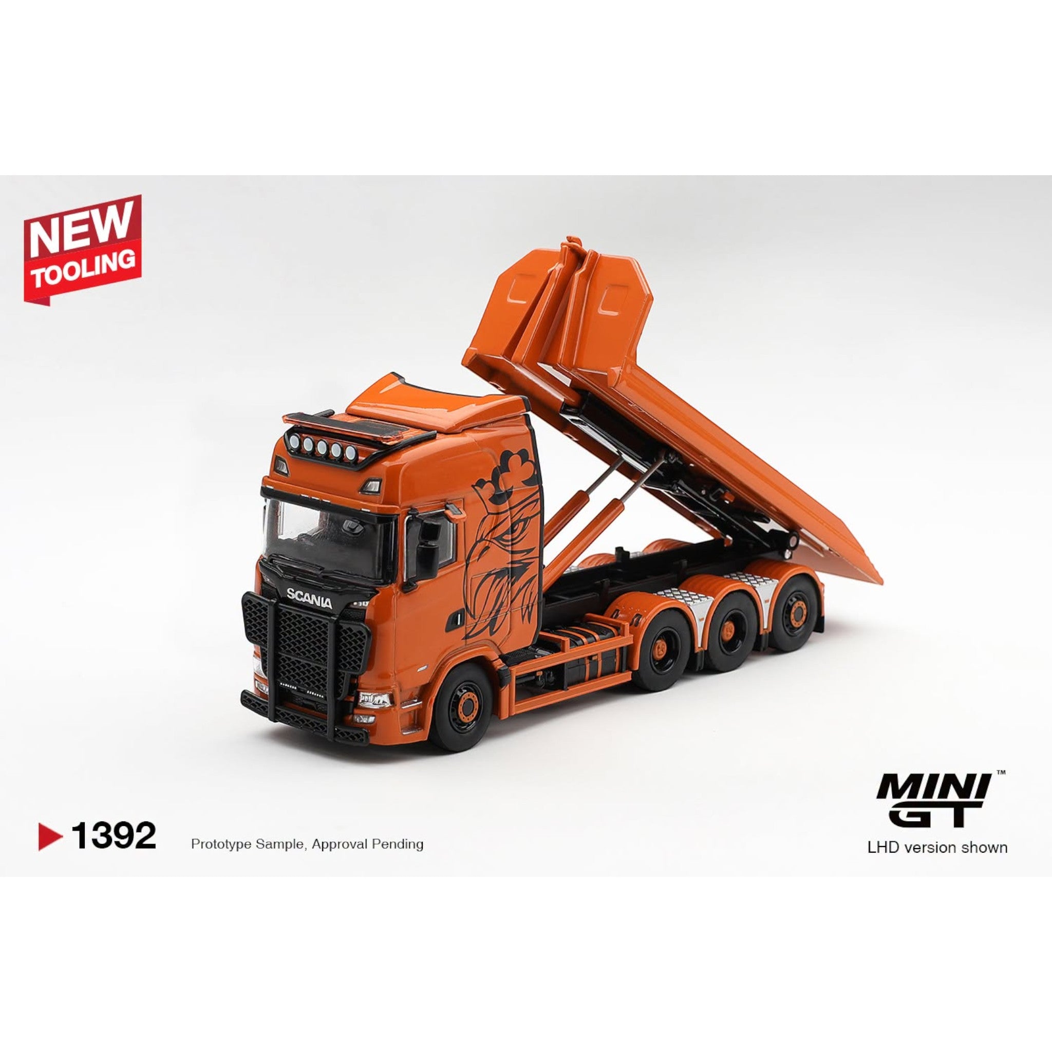 Mini GT - Pre-Order - Scania 770S B8x4NA Hooklift Flatbed Orange - MGT01392 (LHD)