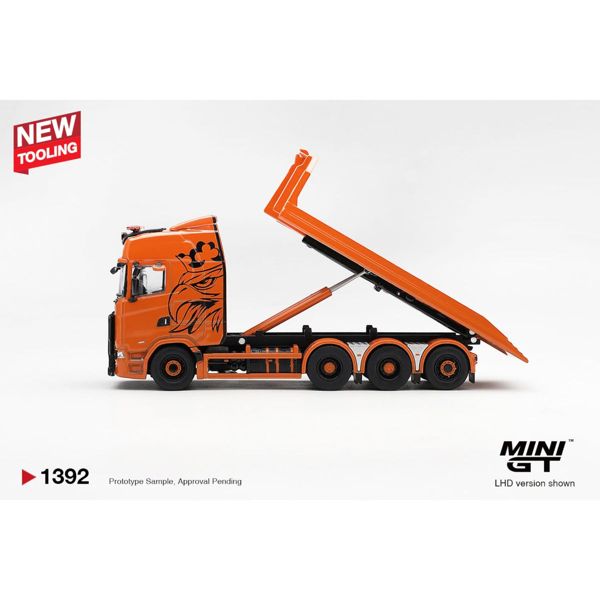 Mini GT - Pre-Order - Scania 770S B8x4NA Hooklift Flatbed Orange - MGT01392 (LHD)