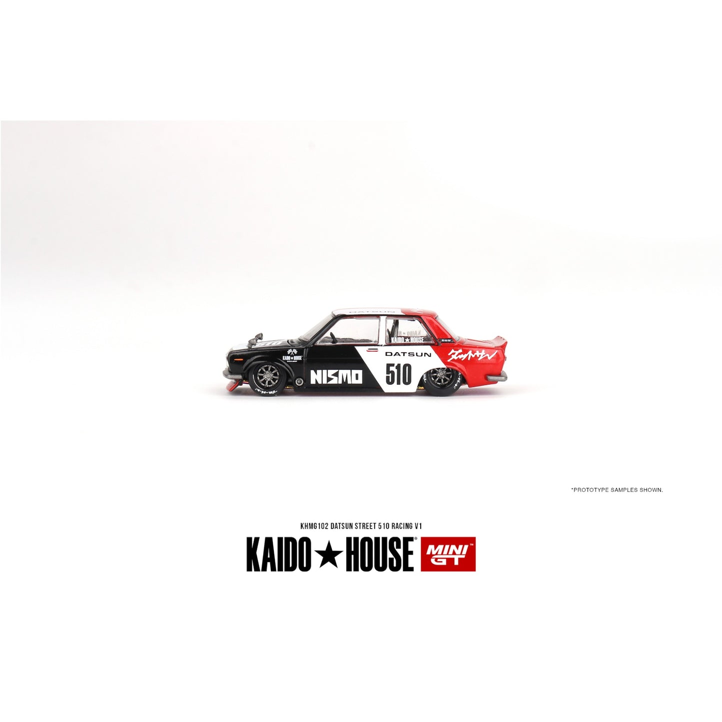 Mini GT Kaido House - Datsun Street 510 Racing V1 *Kaido House*, black/white/red - KHMG102 - 1:64