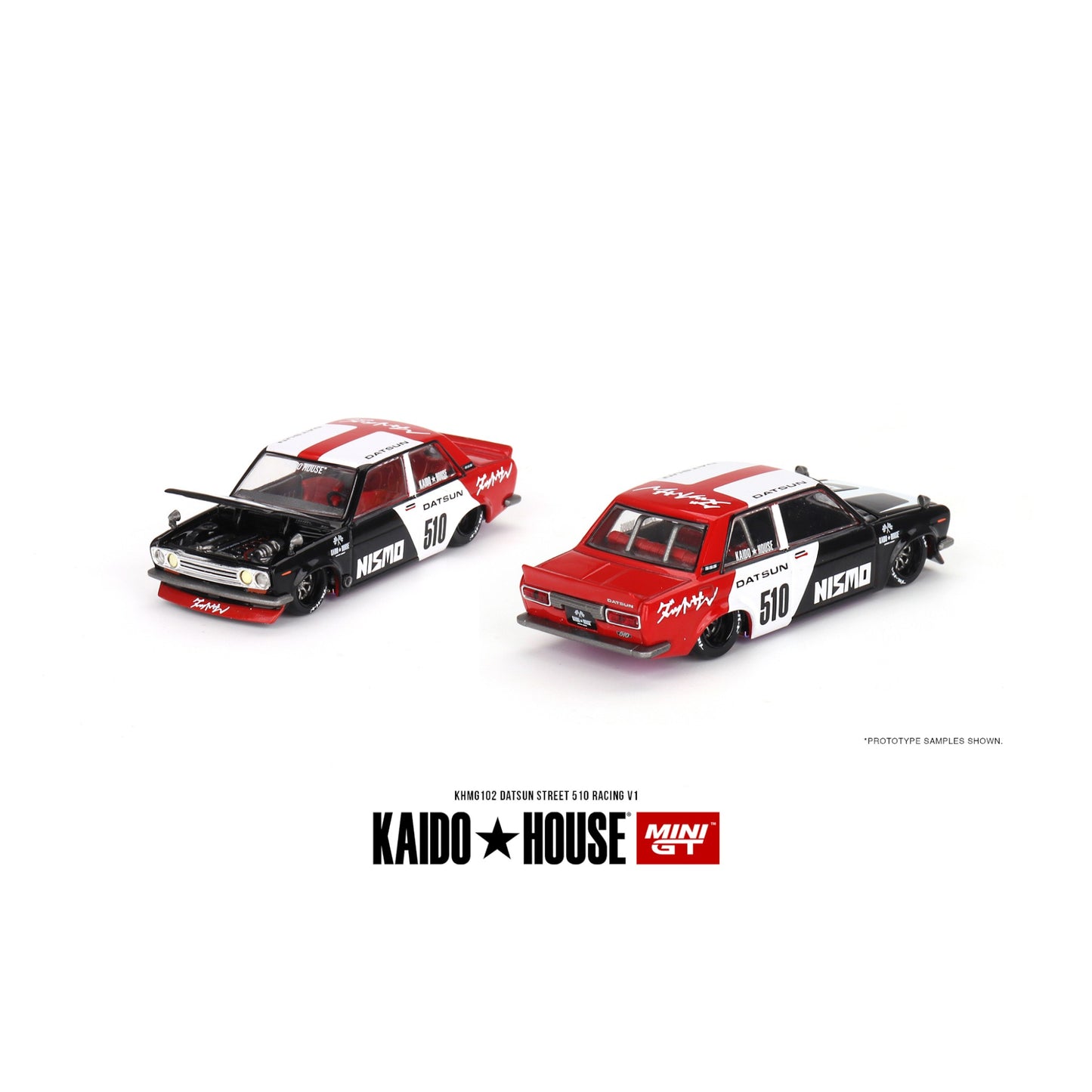 Mini GT Kaido House - Datsun Street 510 Racing V1 *Kaido House*, black/white/red - KHMG102 - 1:64