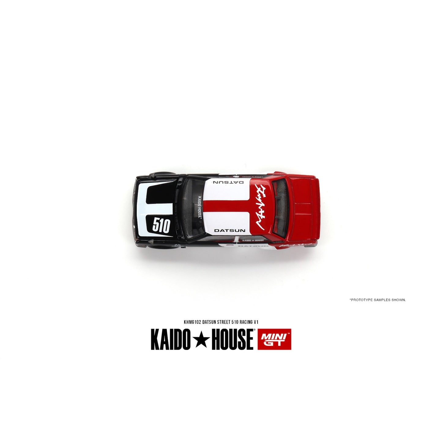 Mini GT Kaido House - Datsun Street 510 Racing V1 *Kaido House*, black/white/red - KHMG102 - 1:64