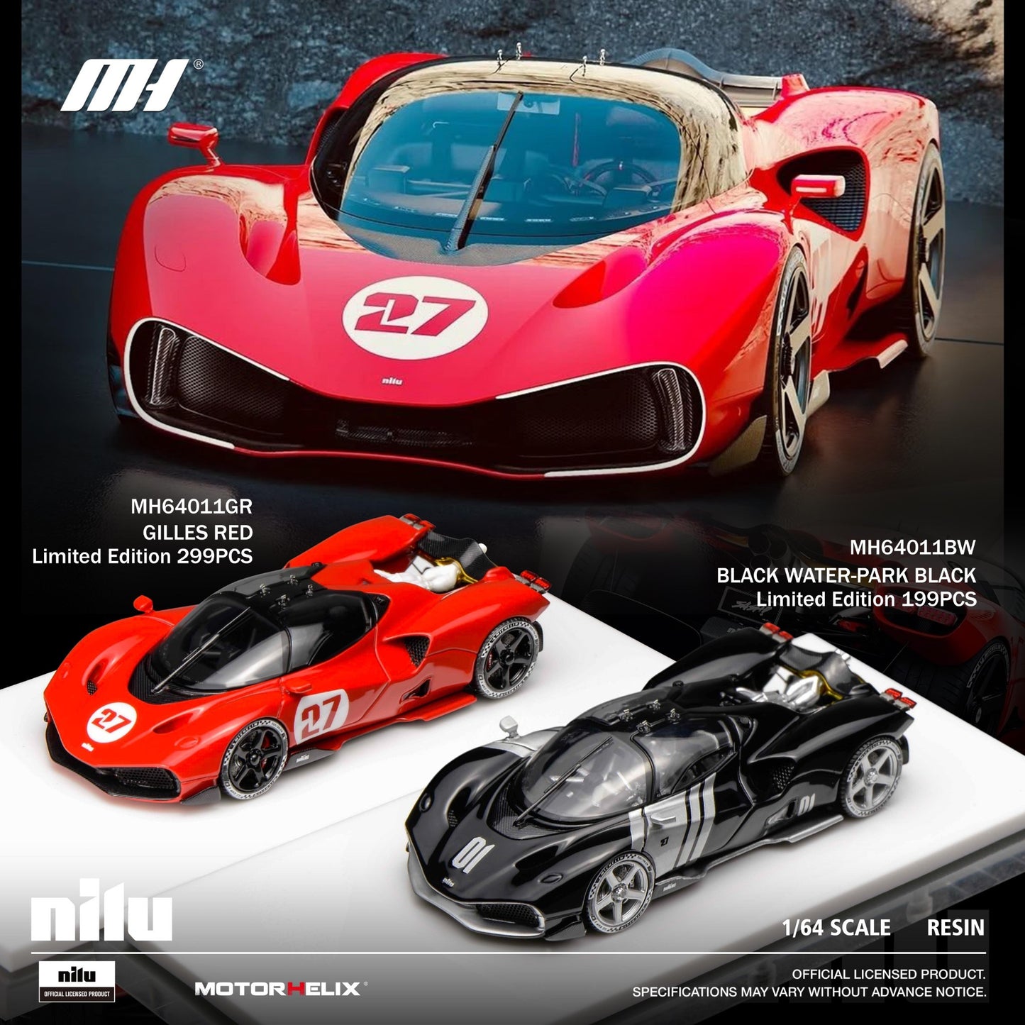 Motorhelix - Pre-Order - NILU27 V12 6.5L - Water-Park Black - High End Resin Model, limited to 199pcs - MH64011BW