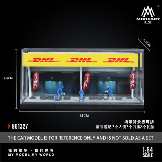 Pre-Order bis 04.12.2025 - MoreArt - DHL Racing Station Diorama with 3 dolls, 3 flags and 8 tires