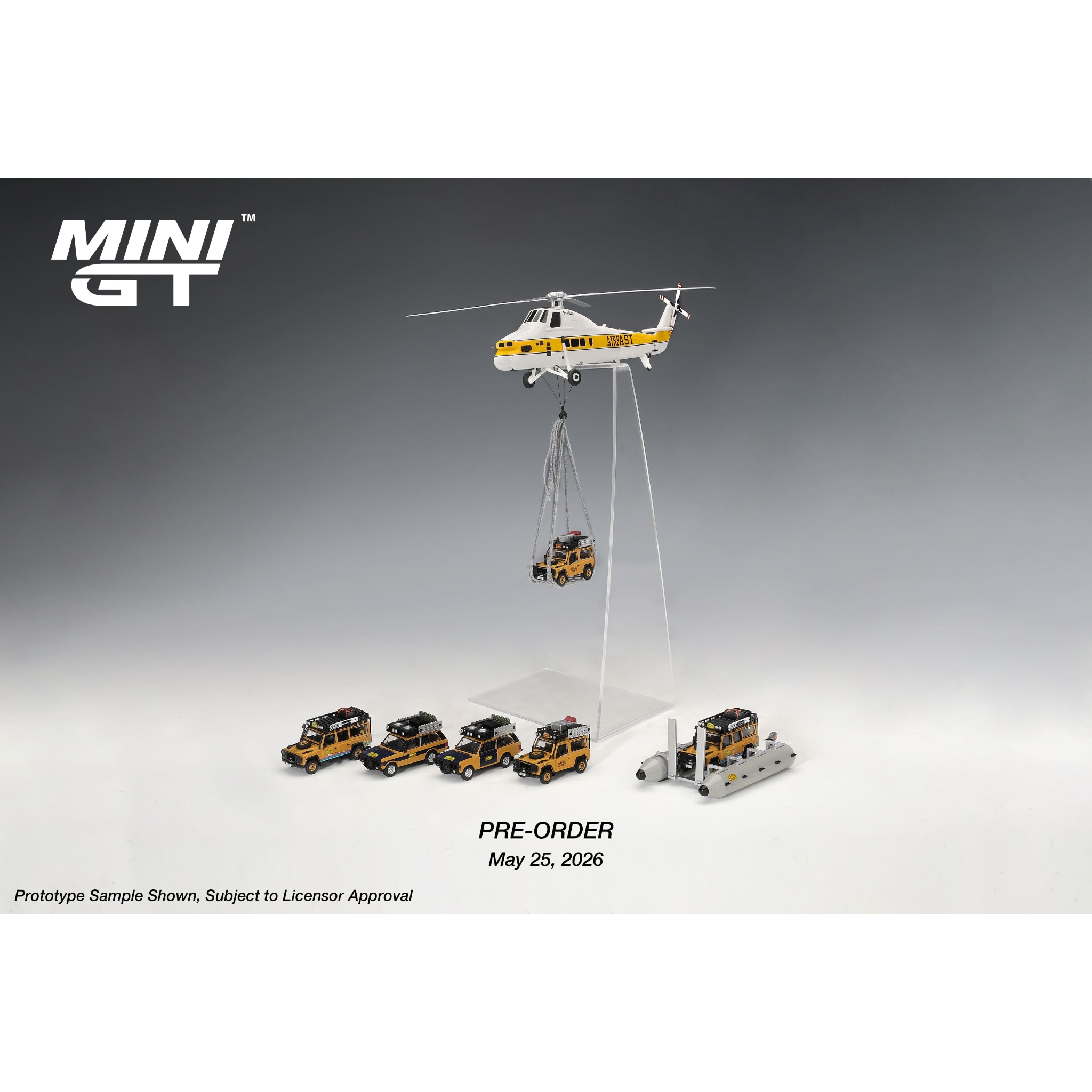 Mini GT - Pre-Order - Camel-Trophy Set - 6x LandRover / Sikorsky S58 Helicopter / Pontoon Raft