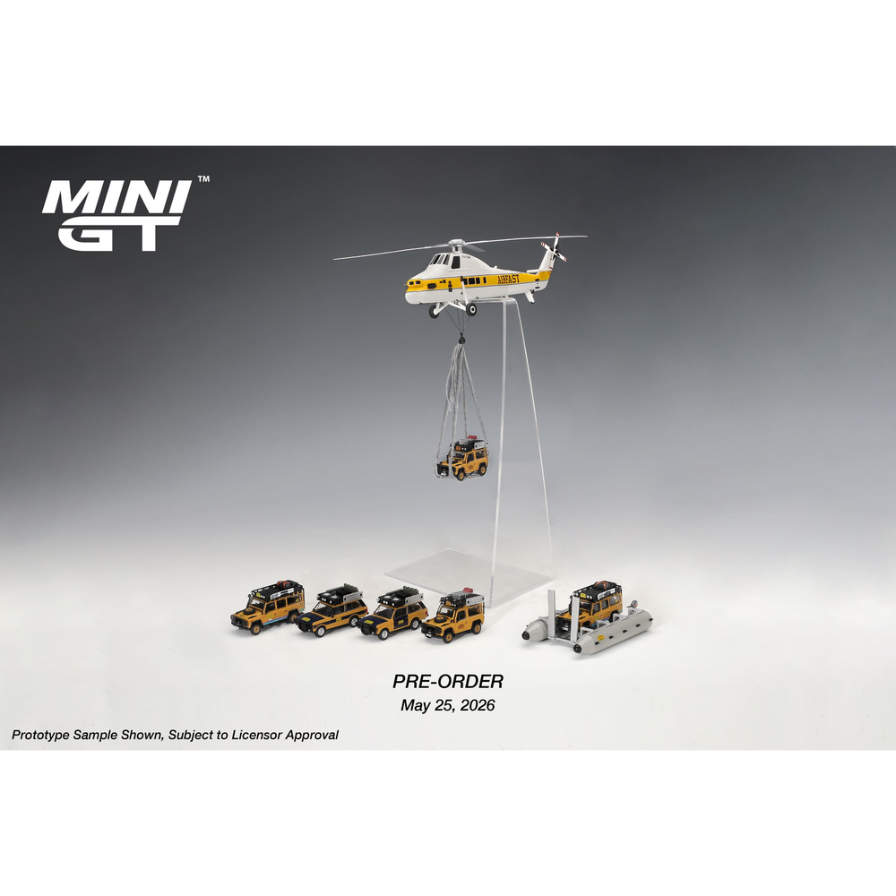Mini GT - Pre-Order - Camel-Trophy Set - 6x LandRover / Sikorsky S58 Helicopter / Pontoon Raft