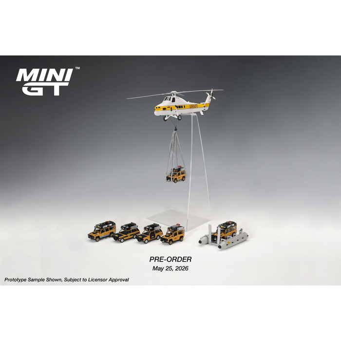 Mini GT - Pre-Order - Camel-Trophy Set - 6x LandRover / Sikorsky S58 Helicopter / Pontoon Raft