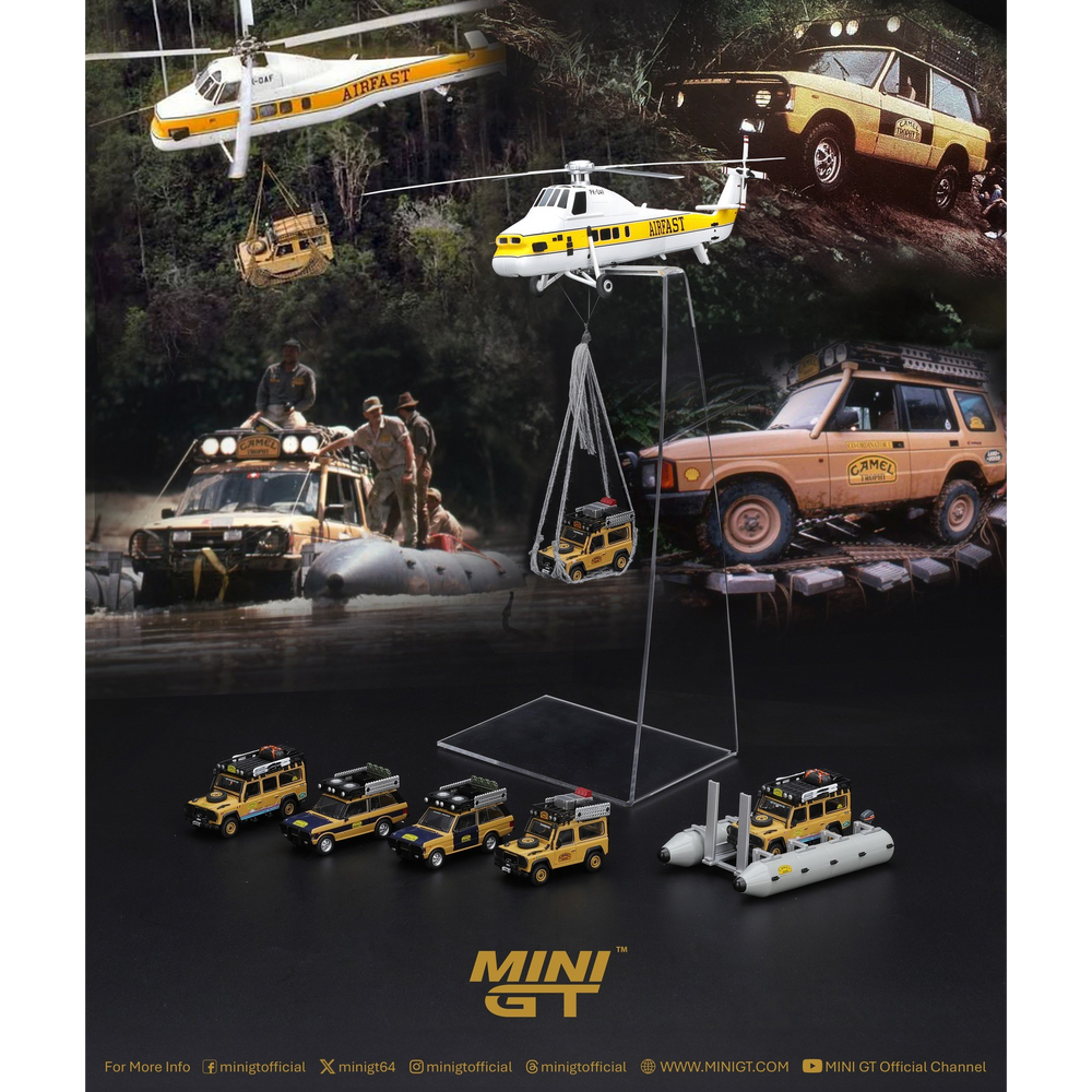 Mini GT - Pre-Order - Camel-Trophy Set - 6x LandRover / Sikorsky S58 Helicopter / Pontoon Raft