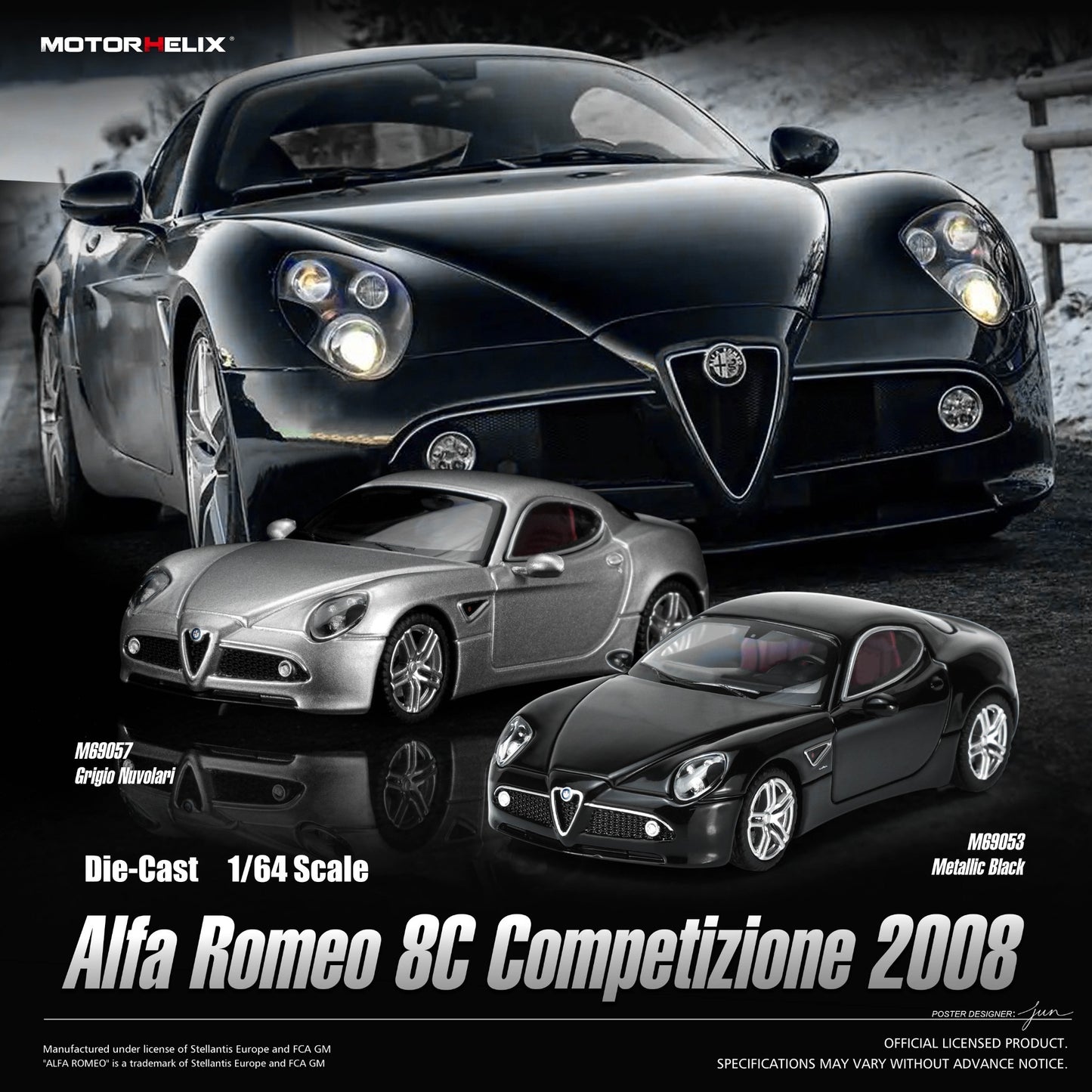 Motorhelix - Pre-Order - Alfa Romeo 8C Competizione 2008, Metallic Black - Grigio Nuvolari (Silver) - M69057