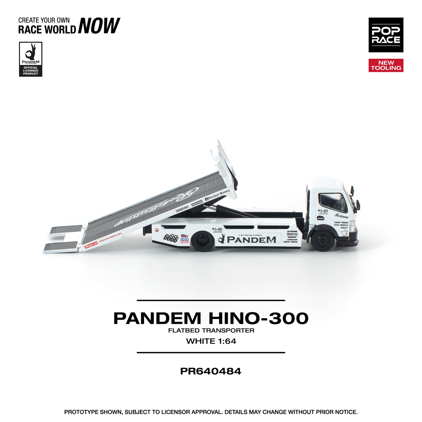 Pop Race - Pre-Order - Pandem Hino-300 Flatbed Transporter, white - PR640484