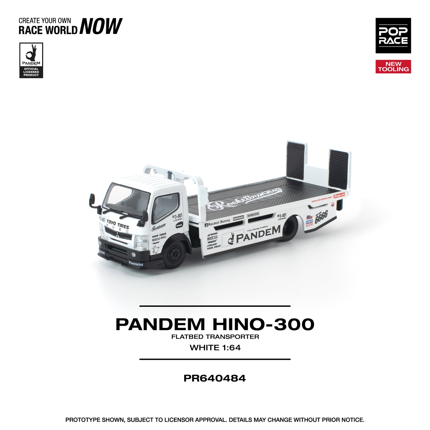 Pop Race - Pre-Order - Pandem Hino-300 Flatbed Transporter, white - PR640484