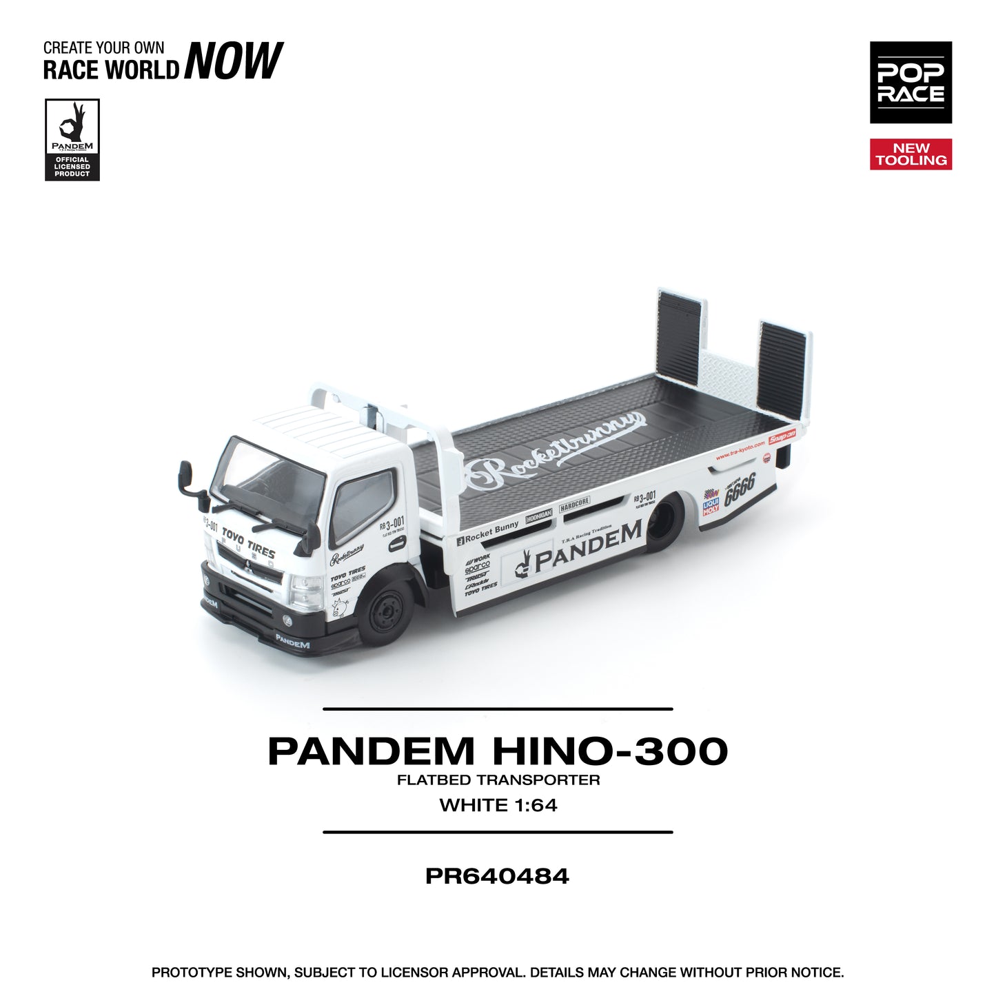 Pop Race - Pre-Order - Pandem Hino-300 Flatbed Transporter, white - PR640484