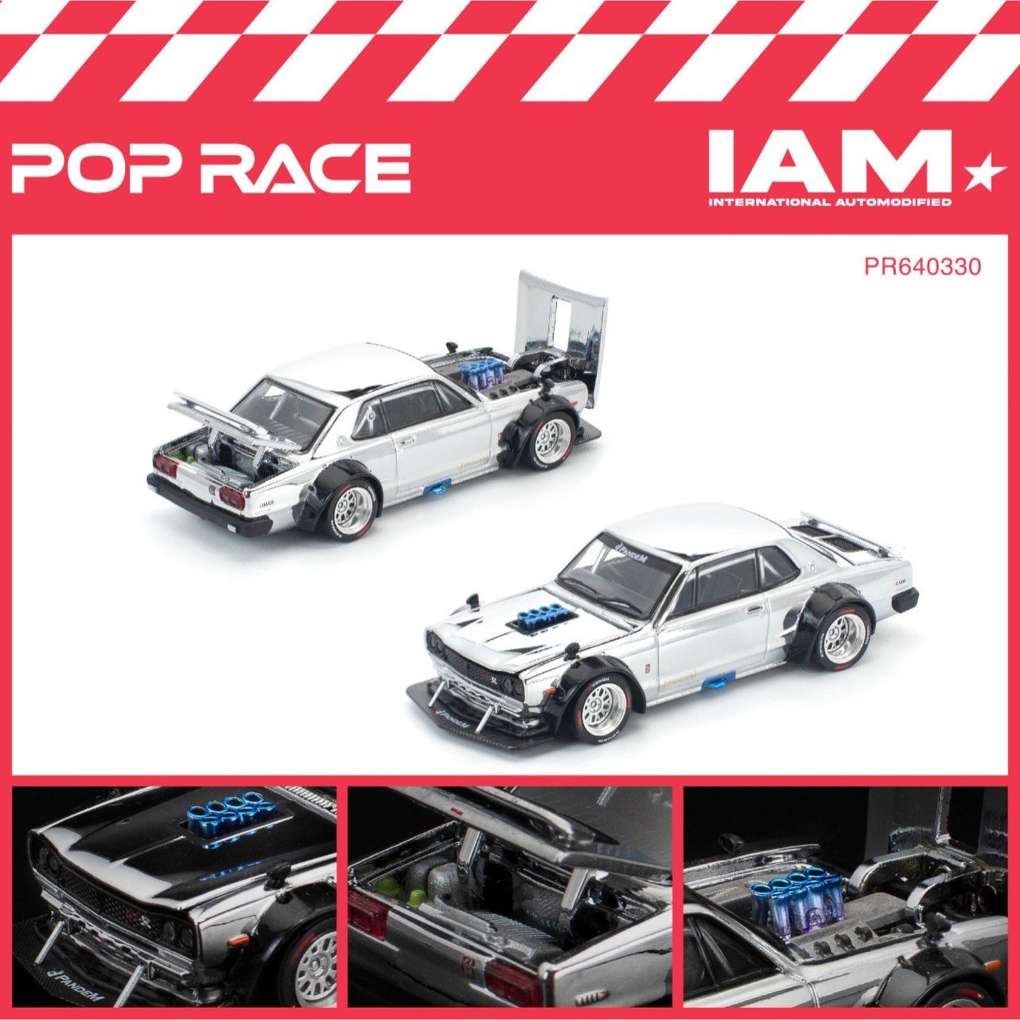 Pop Race - Pre-Order - IAM2025 Event Cars Set - Pandem Yaris raw metal & Skyline GT-R V8 Drift (Hakosuka) silver chrome