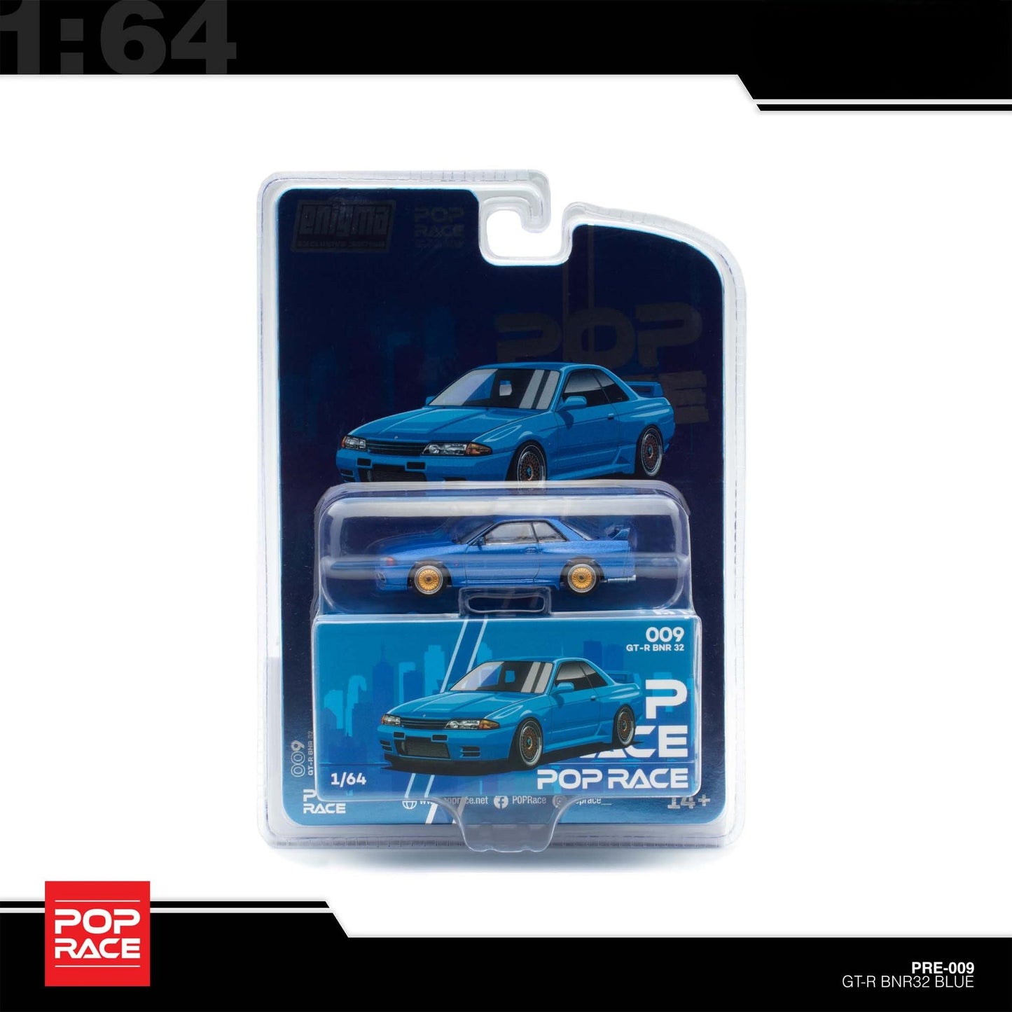 Pop Race x Enigma- Pre-Order - Nissan Skyline R32, Bayside Blue (Blister Pack) - PRE009