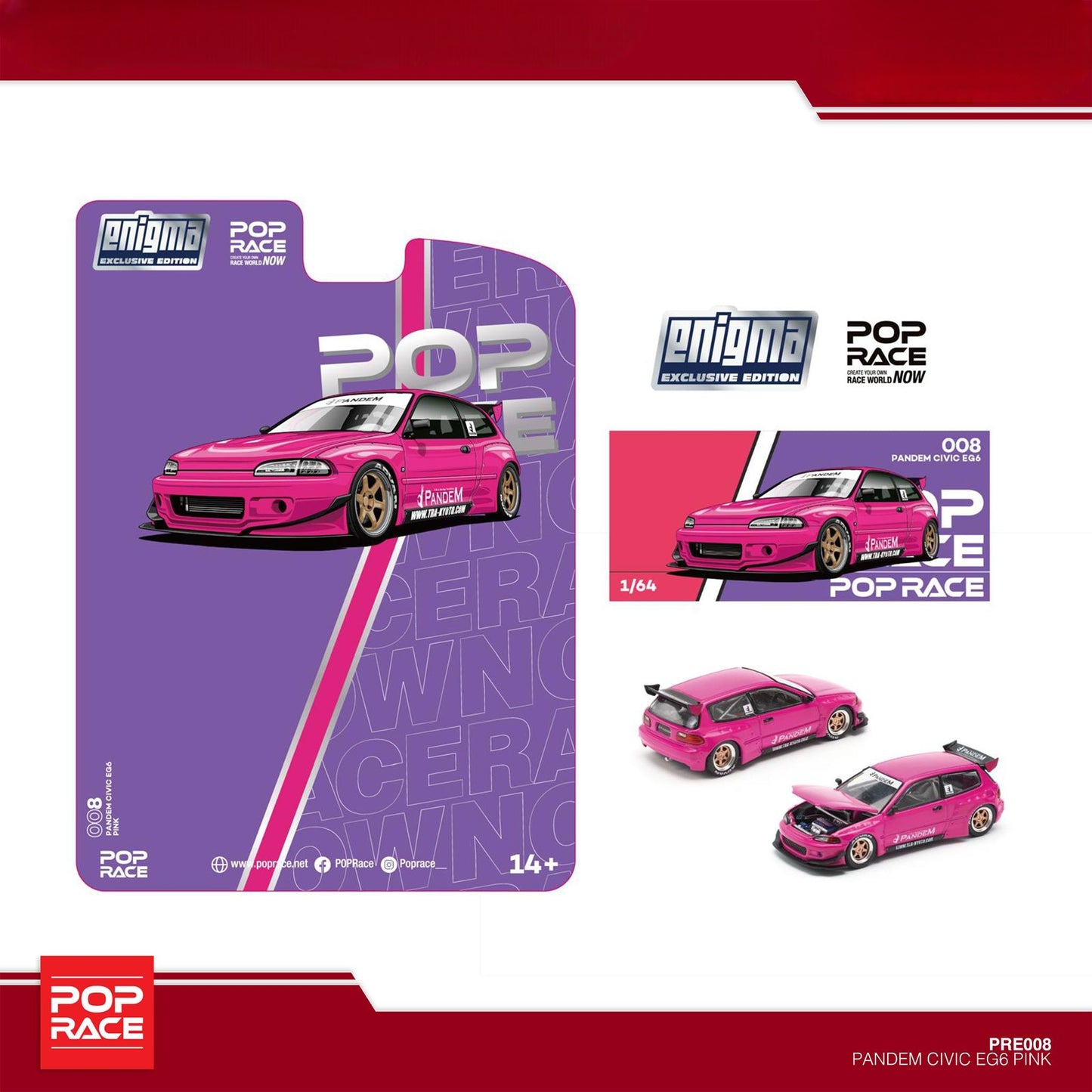 Pop Race x Enigma - Pandem Civic EG6 - Pink (Blister Pack) - PRE008 - 1:64