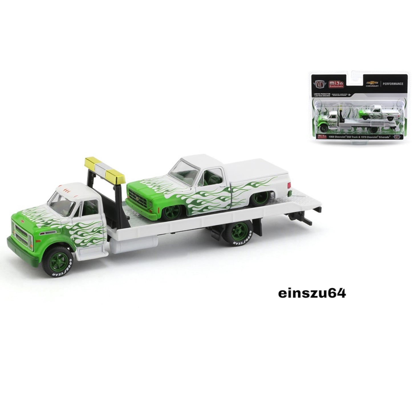 M2 Machines - 1968 Chevrolet C60 Truck & 1979 Chevrolet Silverado pick-up, white with green flames - MiJo exclusive
