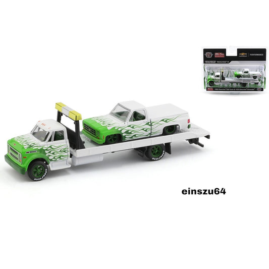 M2 Machines - 1968 Chevrolet C60 Truck & 1979 Chevrolet Silverado pick-up, white with green flames - MiJo exclusive