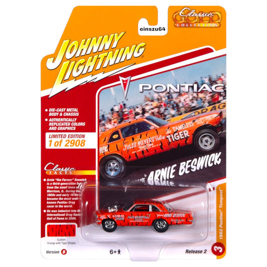 Johnny Lightning -  1963 Pontiac Tempest Funny Farmer, orange with tiger stripes - Classic Gold - JLSP355B