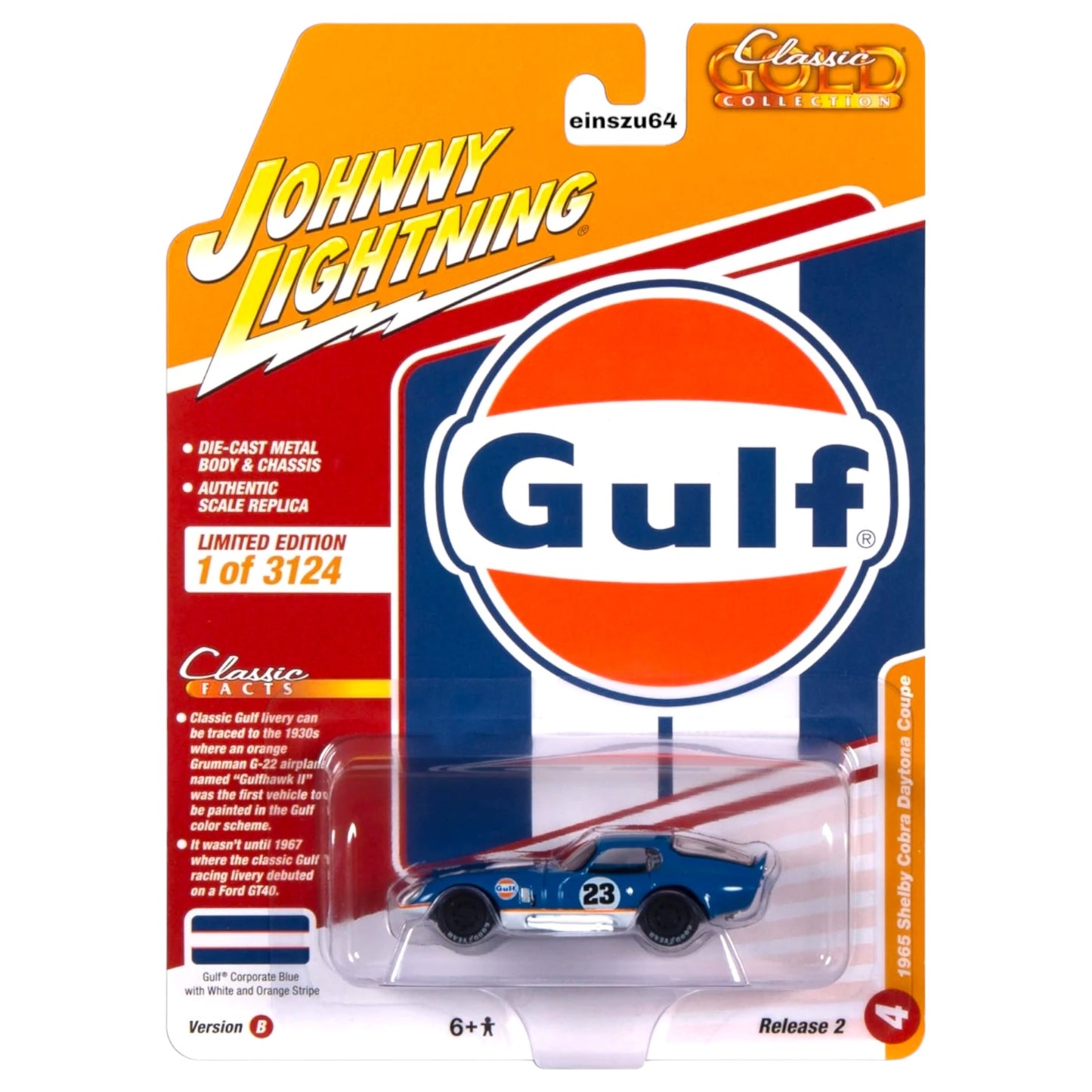 Johnny Lightning - 1965 Shelby Daytona Gulf, dark blue with white stripes - Classic Gold - JLSP356B
