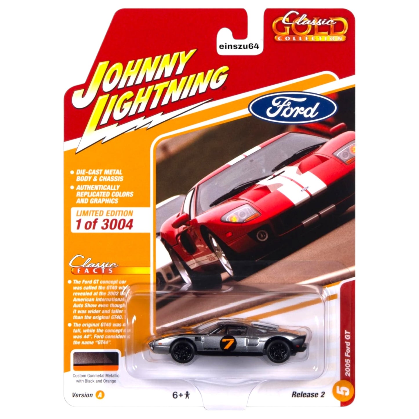 Johnny Lightning -  2005 Ford GT, gunmetal with orange - Classic Gold - JLSP357A
