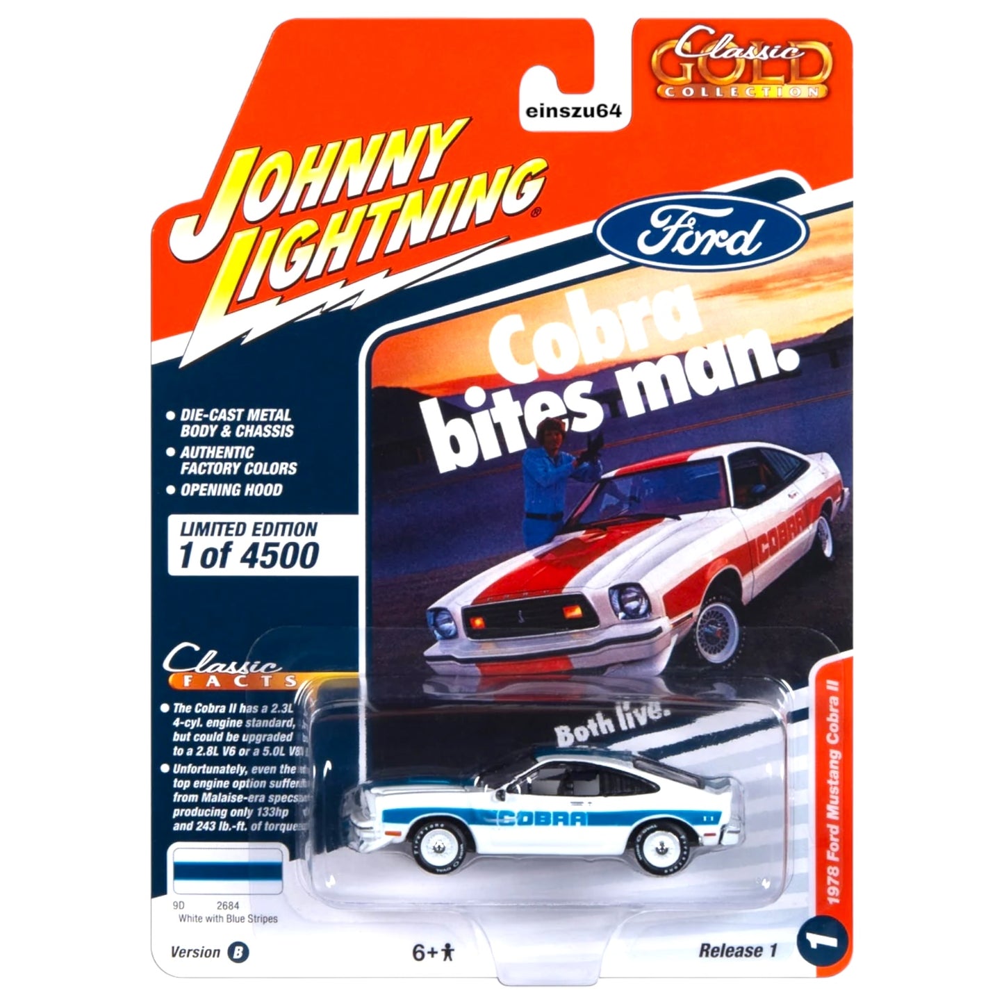 Johnny Lightning - 1978 Ford Mustang Cobra II, gloss white with blue stripes - 1:64 - JLSP321B