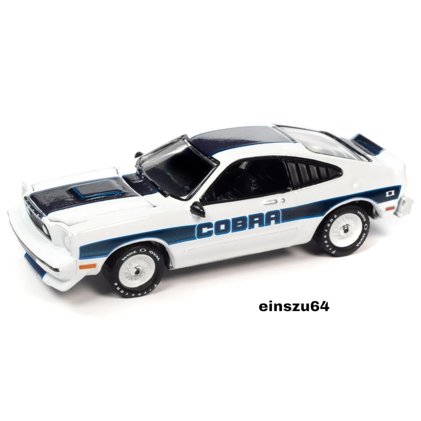 Johnny Lightning - 1978 Ford Mustang Cobra II, gloss white with blue stripes - 1:64 - JLSP321B