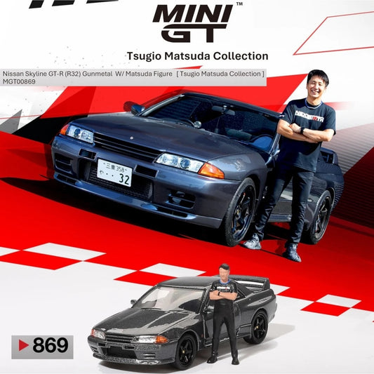 Mini GT - Pre-Order - Nissan Skyline GT-R (R32) Nismo Gunmetal W/ Matsuda Figure - MGT00869 (RHD)