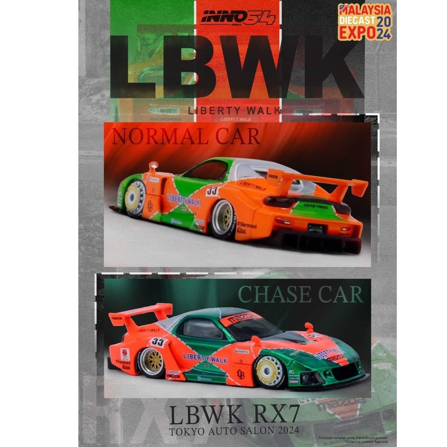 INNO64 - LBWK Mazda RX7 (FD3S) LB Super Silhouette, green/orange - 1:64 - IN64-LBWK-RX7-04