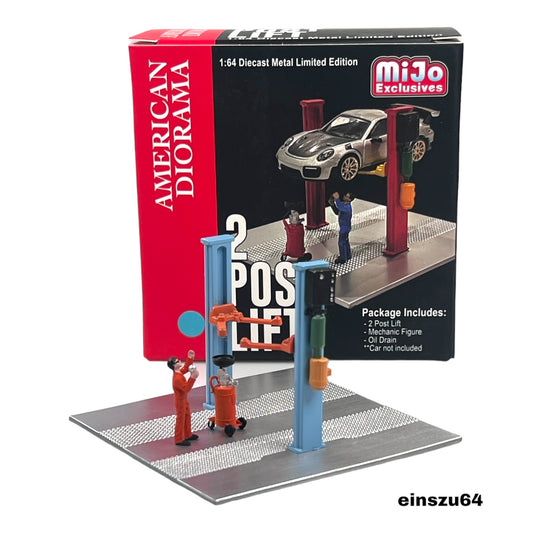 American Diorama -  2 Post Lift with Oil Drainer & Mechanic Figure - AD-38379MJ - 1:64
