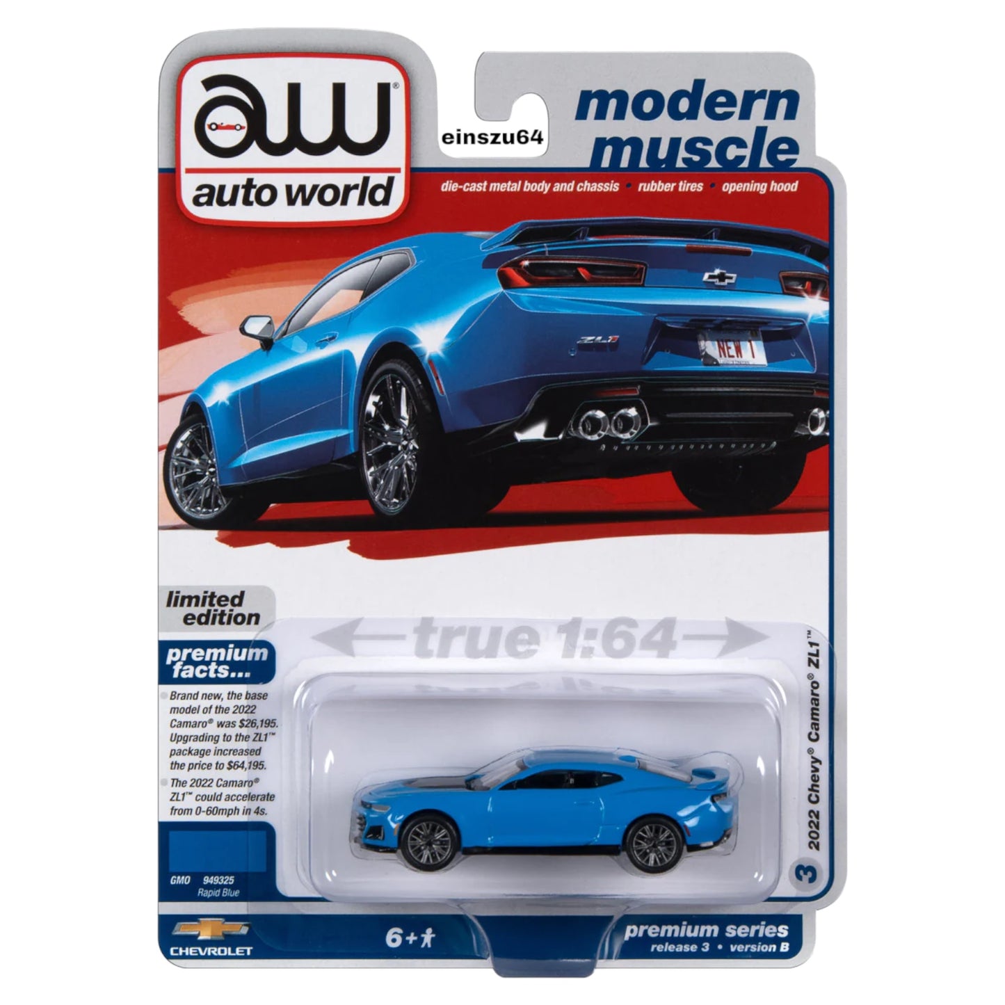 AUTO WORLD - 2022 Chevrolet Camaro ZL1, Rapid blue - 1:64 - AWSP138B