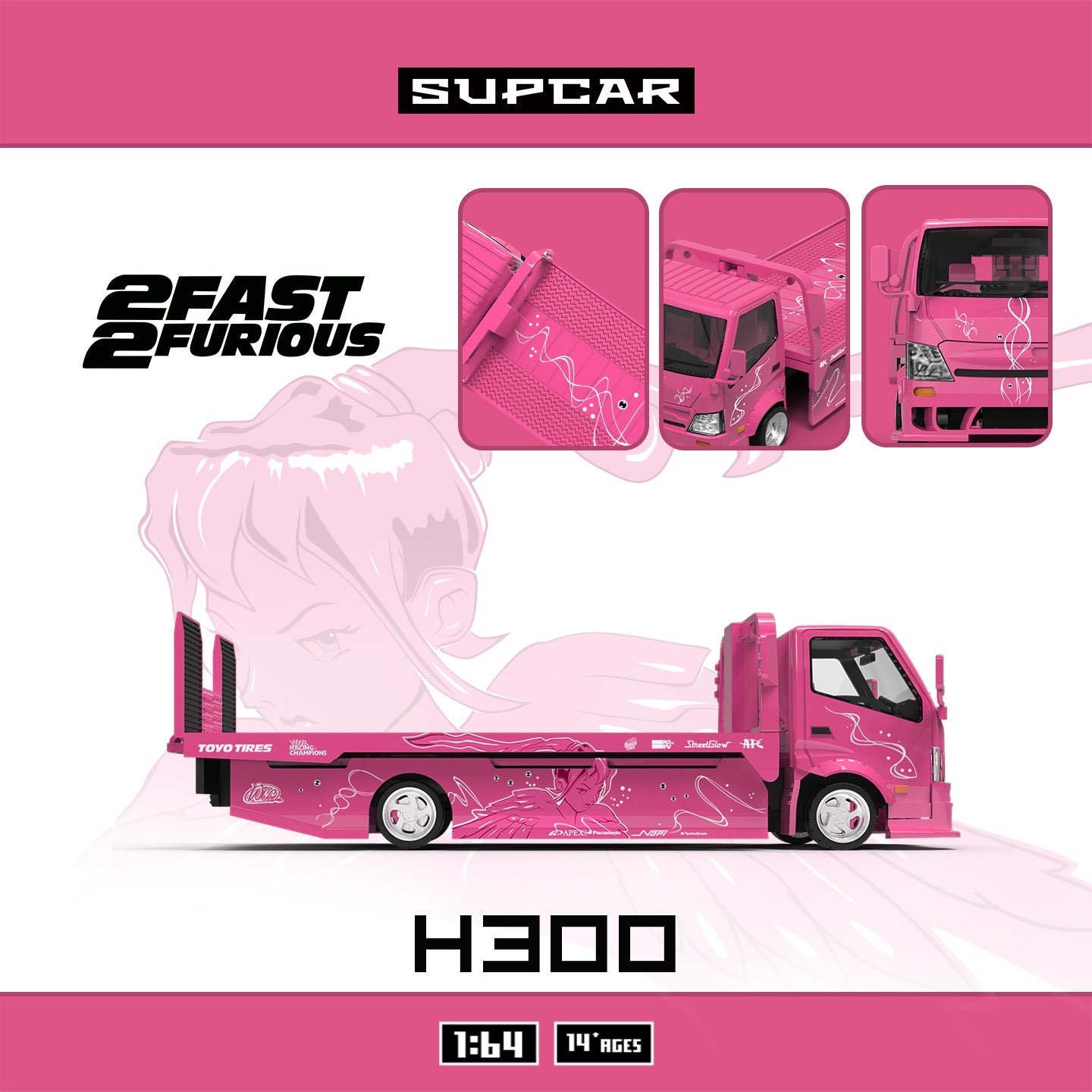 SuperCar - Pre-Order - H300 Flatbed Transport Trailer - pink Wing - SC647255