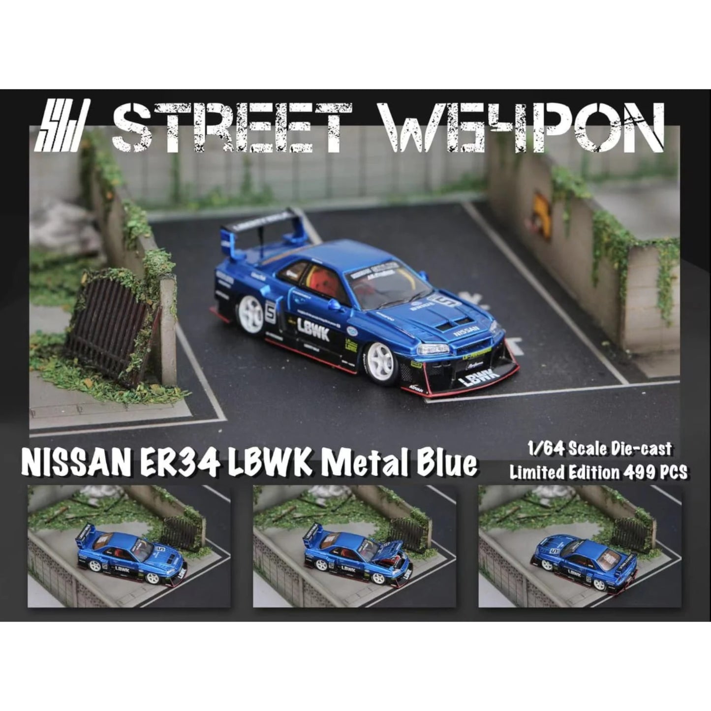 StreetWeapon - Pre-Order - LBWK GT-R ER34, Blue metallic, Openable Hood