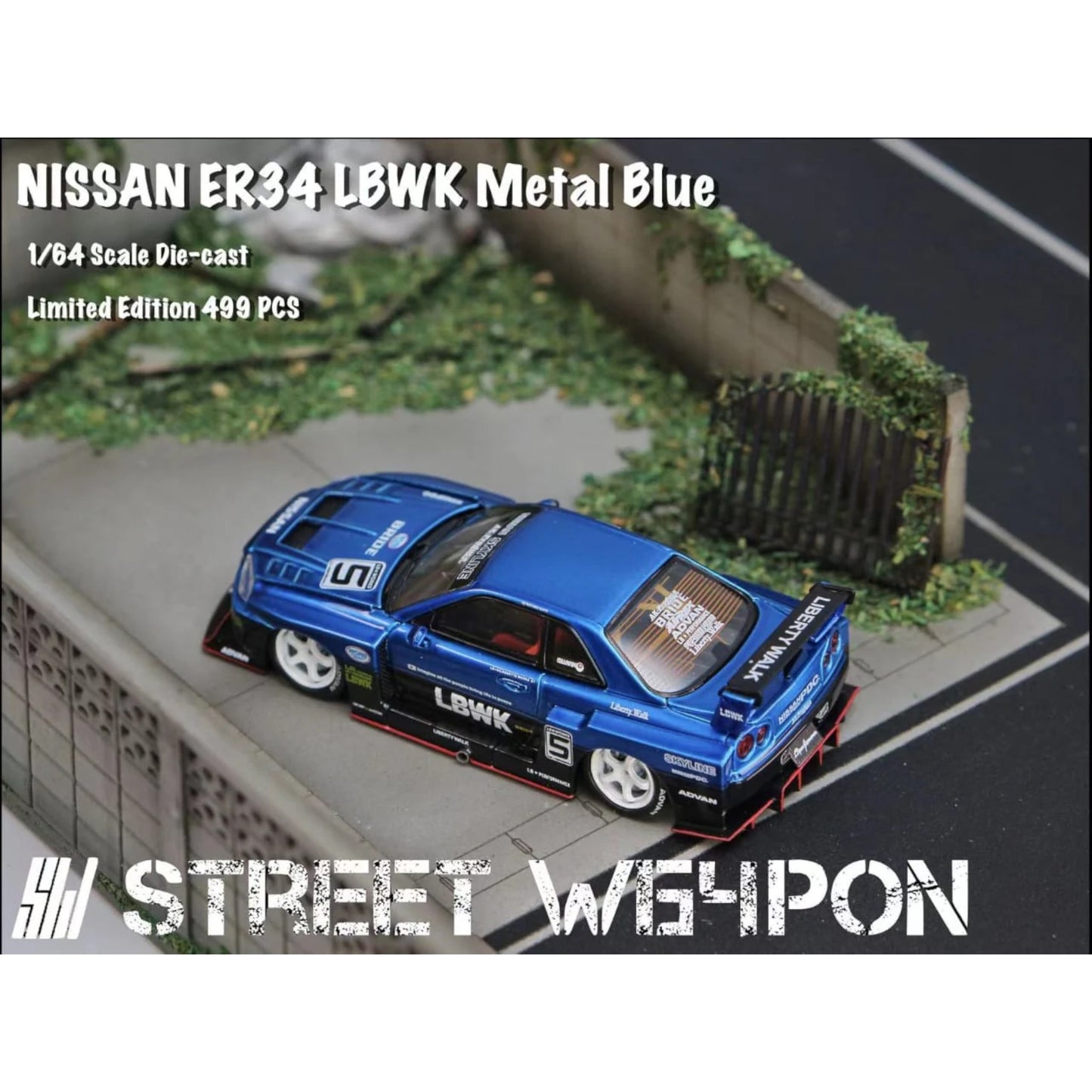 StreetWeapon - Pre-Order - LBWK GT-R ER34, Blue metallic, Openable Hood