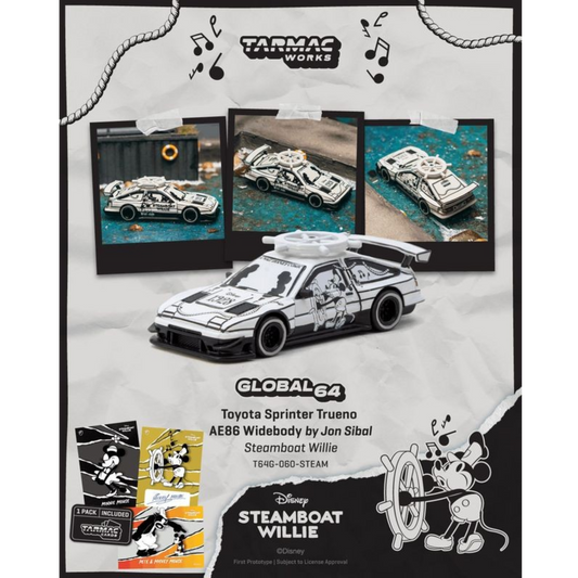 Tarmac Works - Pre-Order - Toyota Sprinter Trueno AE86 Widebody by Jon Sibal Mickey & Friends Steamboat Willie