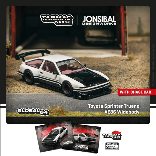 Tarmac Works - Pre-Order - Toyota Sprinter Trueno AE86 Widebody by Jon Sibal, white/black - T64G-060-WB