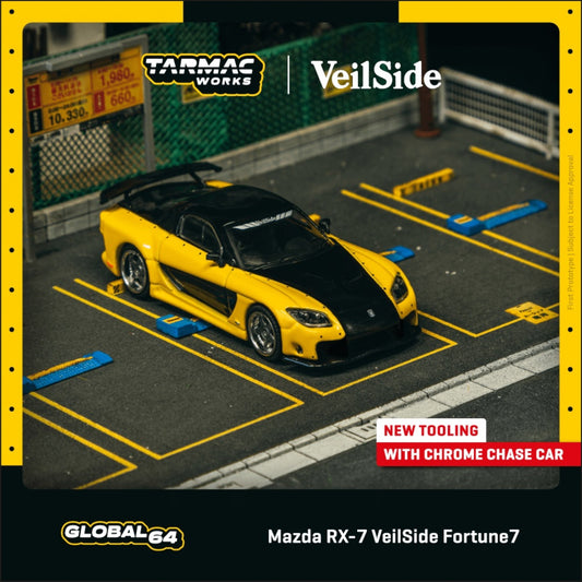 Tarmac Works - Pre-Order - Mazda RX-7 VeilSide Fortune7, yellow/black - T64G-075-YE